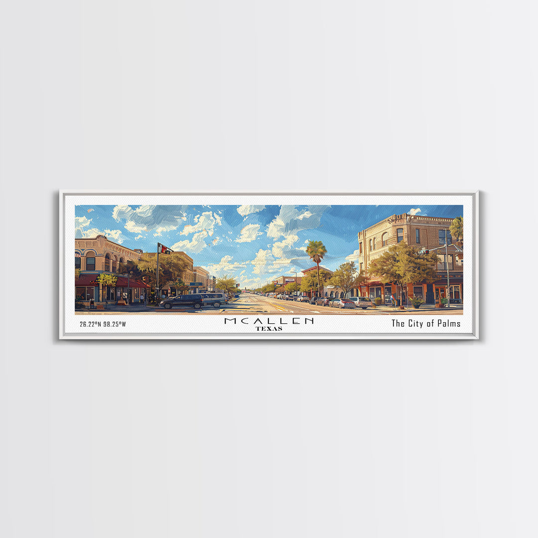 McAllen Texas Panoramic Framed Canvas Print, Watercolor Cityscape, Office Wall Art, Living Room Decor, Travel Poster, City Art, Home Decor