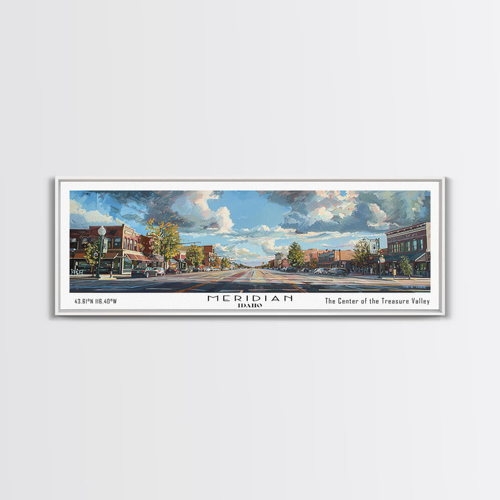 Meridian Idaho Panoramic Framed Canvas Print, Stunning Watercolor Art, Office Wall Decor, Travel Poster, Living Room Decor, City Print