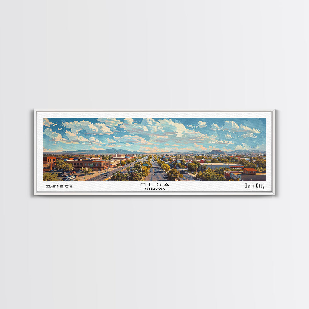 Mesa Arizona Panoramic Framed Canvas Print, Watercolor Cityscape, Perfect Office Wall Art, Travel Poster, Living Room Decor, City Wall Art