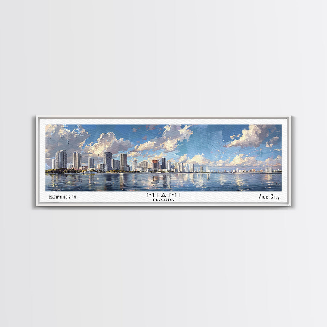 Miami Florida Panoramic Framed Canvas Print, Stunning Watercolor Cityscape, Office Wall Art, Travel Poster, Living Room Decor, City Art