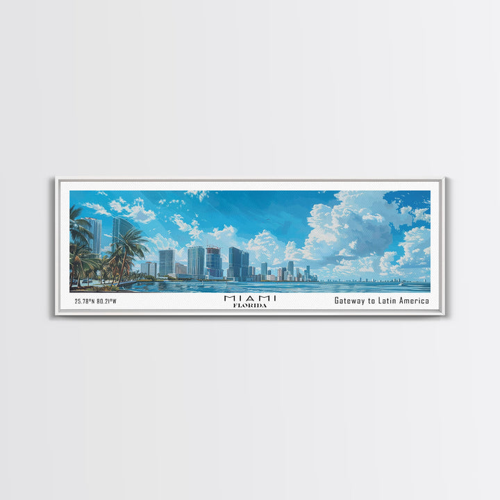 Miami Florida Panoramic Framed Canvas Print, Watercolor Painting, Office Wall Decor, Travel Poster, Home Decor, City Art, Gift Idea