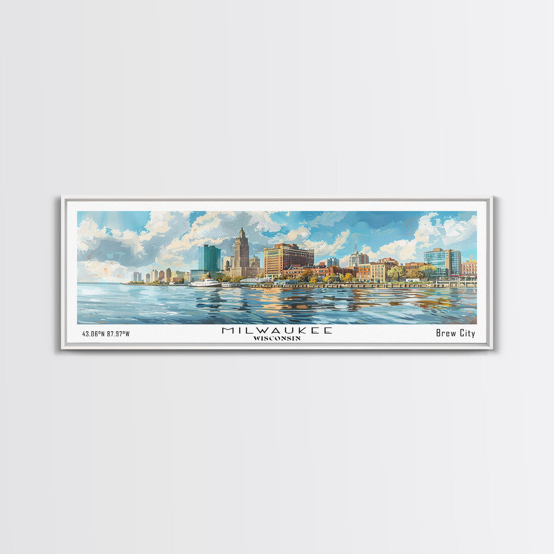 Milwaukee Wisconsin Panoramic Framed Canvas Print, Watercolor Cityscape, Perfect Office Wall Art, Travel Poster, Living Room Decor