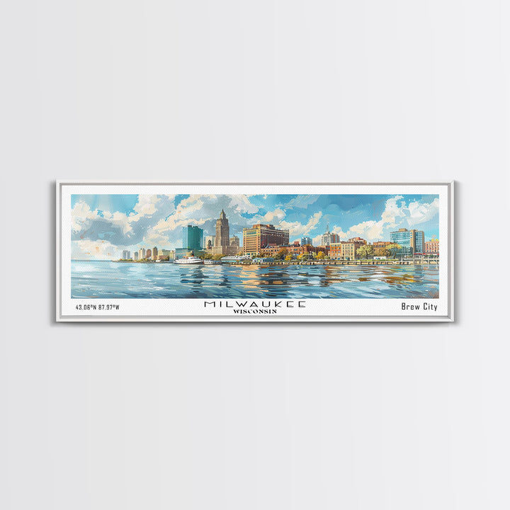 Milwaukee Wisconsin Panoramic Framed Canvas Print, Watercolor Cityscape, Perfect Office Wall Art, Travel Poster, Living Room Decor