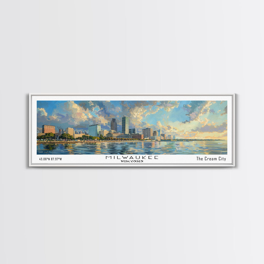 Milwaukee Wisconsin Panoramic Framed Canvas Print, Beautiful Watercolor Painting, Office Wall Art, Travel Poster, Home Decor, City Art