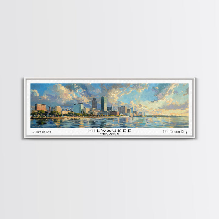 Milwaukee Wisconsin Panoramic Framed Canvas Print, Beautiful Watercolor Painting, Office Wall Art, Travel Poster, Home Decor, City Art