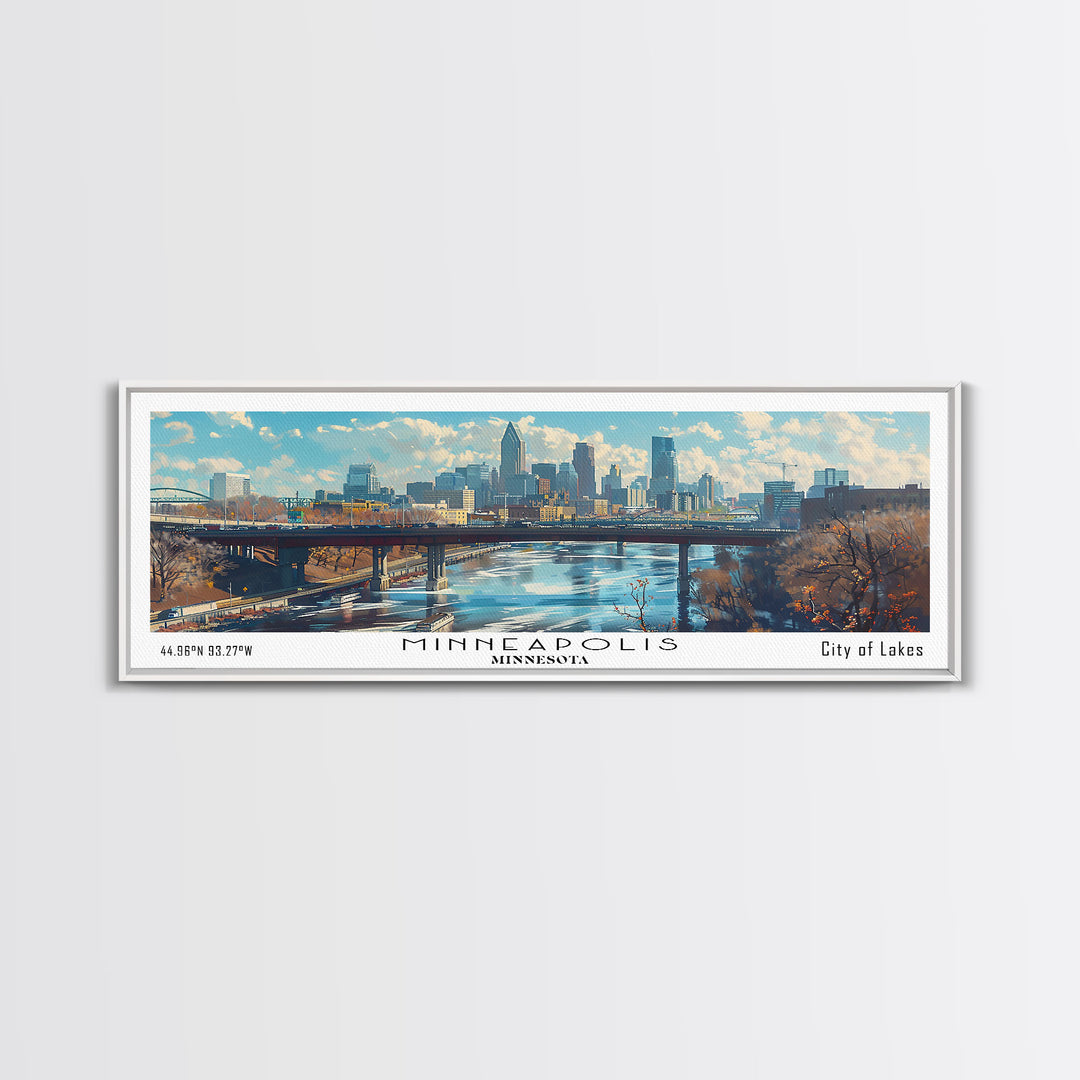 Minneapolis Minnesota Panoramic Framed Canvas Print, Stunning Watercolor City Art, Office Wall Decor, Travel Poster, Living Room Decor