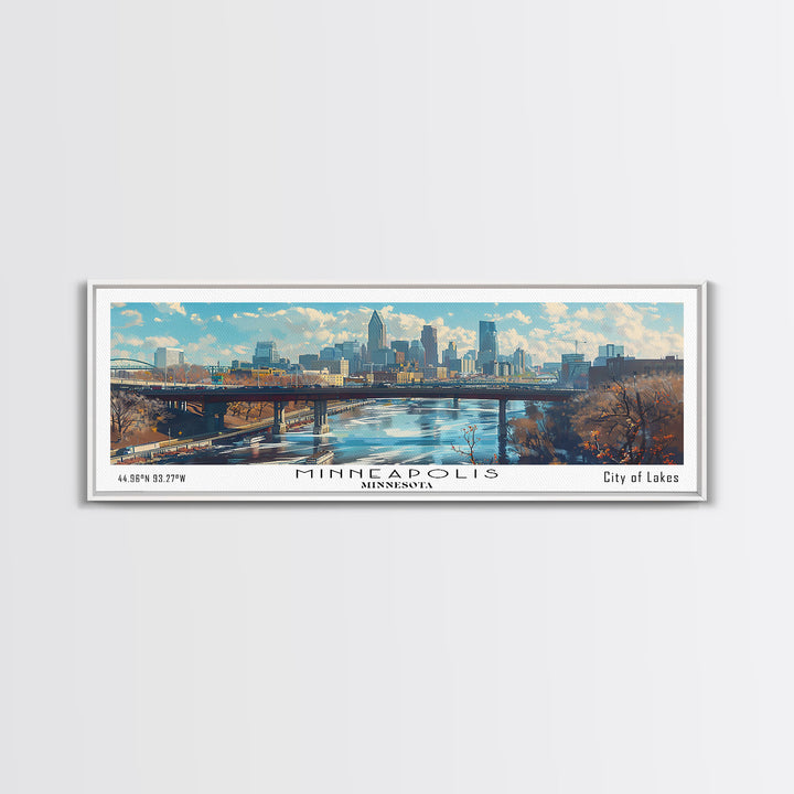 Minneapolis Minnesota Panoramic Framed Canvas Print, Stunning Watercolor City Art, Office Wall Decor, Travel Poster, Living Room Decor