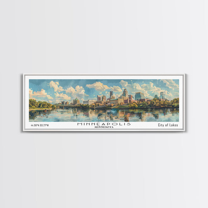 Minneapolis Minnesota Panoramic Framed Canvas Print, Watercolor Painting, Office Wall Art, Travel Poster, Home Decor, City Art