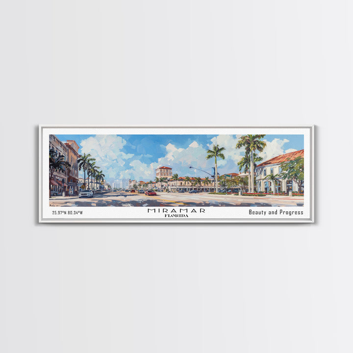 Miramar Florida Panoramic Framed Canvas Print, Beautiful Watercolor Cityscape, Office Wall Art, Travel Poster, Living Room Decor, City Art