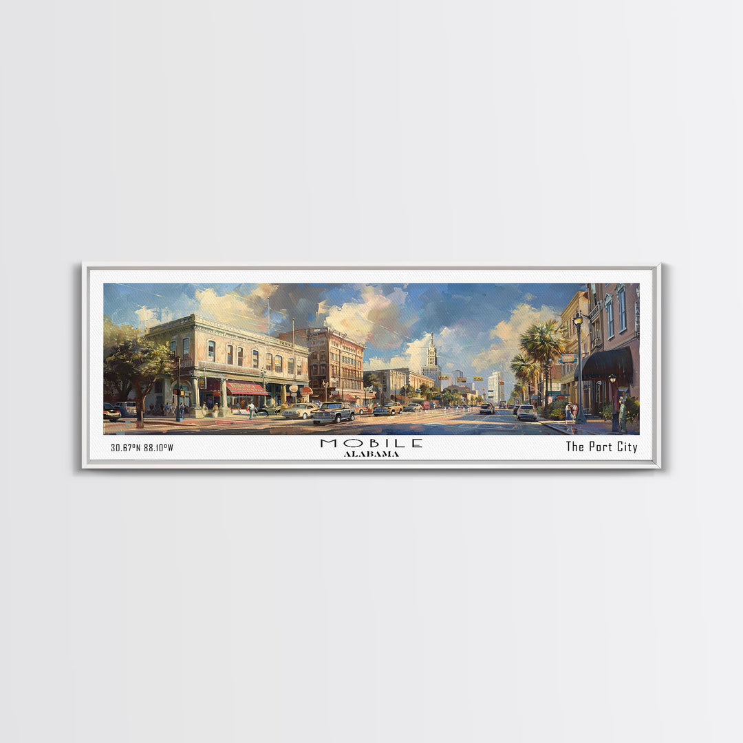 Mobile Alabama Panoramic Framed Canvas Print, Stunning Watercolor Painting, Office Wall Art, Travel Poster, Home Decor, City Art