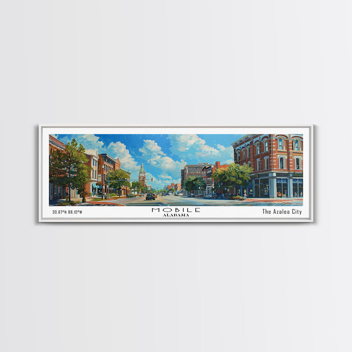 Mobile Alabama Panoramic Framed Canvas Print, Watercolor City Art, Office Wall Decor, Travel Poster, Living Room Decor, City Print
