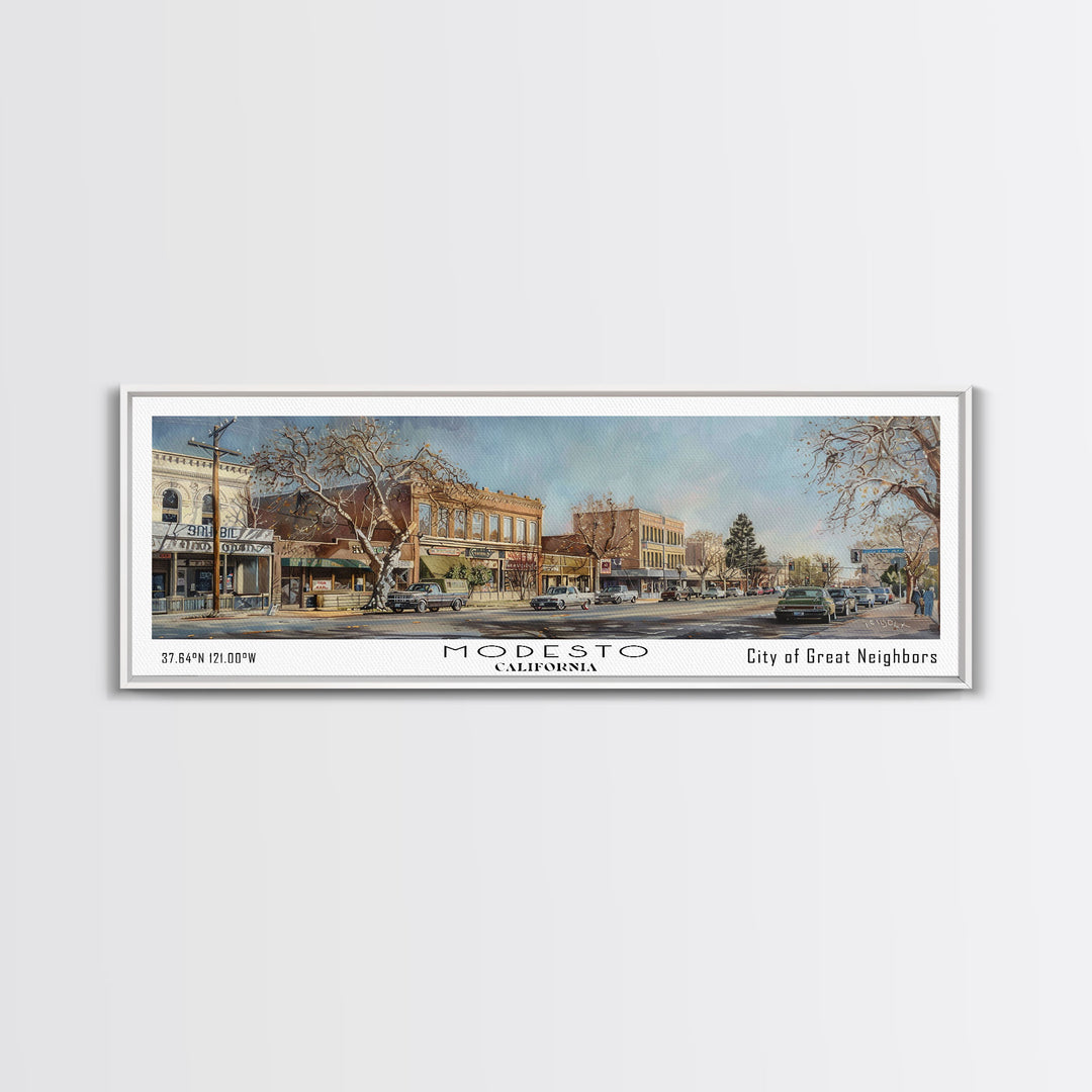 Modesto California Panoramic Framed Canvas Print, Beautiful Watercolor Painting, Office Wall Art, Travel Poster, Living Room Decor, City Art