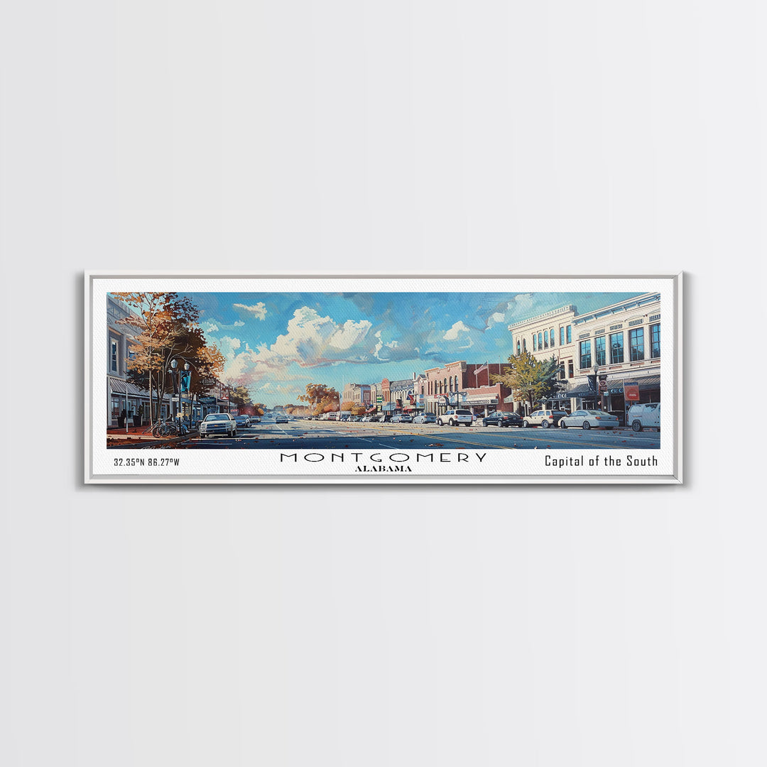 Montgomery Alabama Panoramic Framed Canvas Print, Stunning Watercolor Painting, Office Wall Art, Travel Poster, Home Decor, City Art