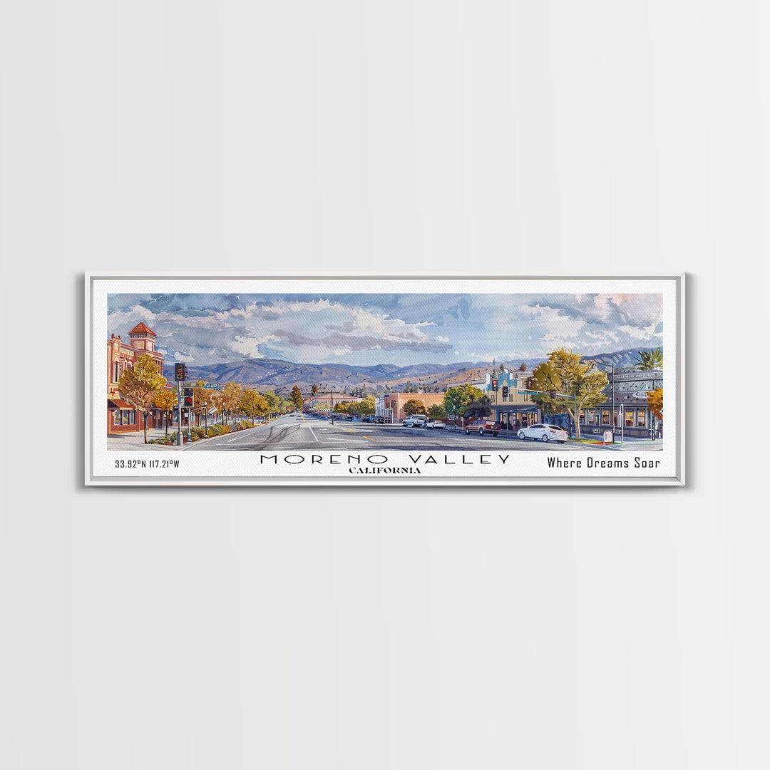 Moreno Valley California Panoramic Framed Canvas Print, Watercolor Cityscape, Office Wall Art, Travel Poster, Living Room Decor, City Art