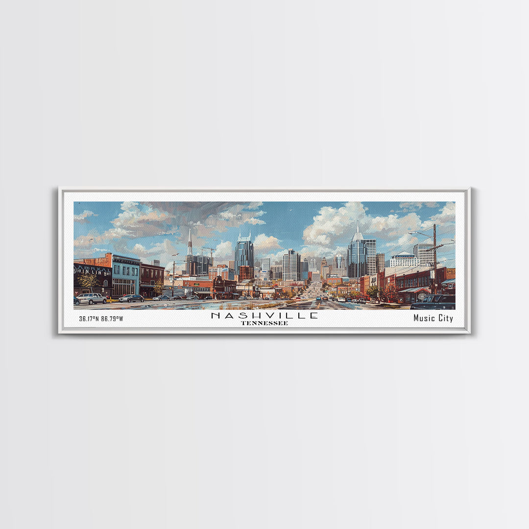 Nashville Tennessee Panoramic Framed Canvas Print, Stunning Watercolor Painting, Office Wall Art, Travel Poster, Home Decor, City Art