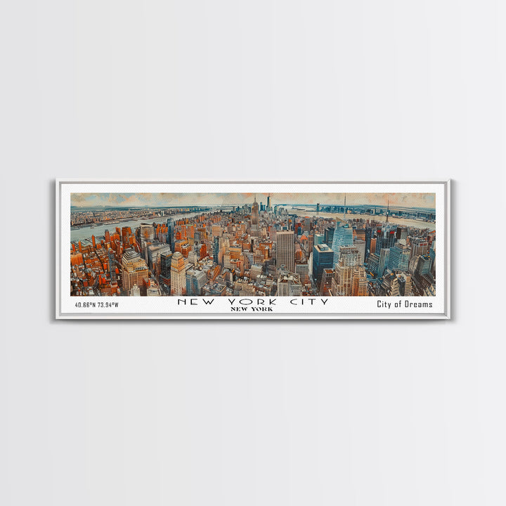 New York New York Panoramic Framed Canvas Print, Watercolor Painting of Cityscape, Home Decor, Travel Poster, Gift Idea for Urban Art Lovers