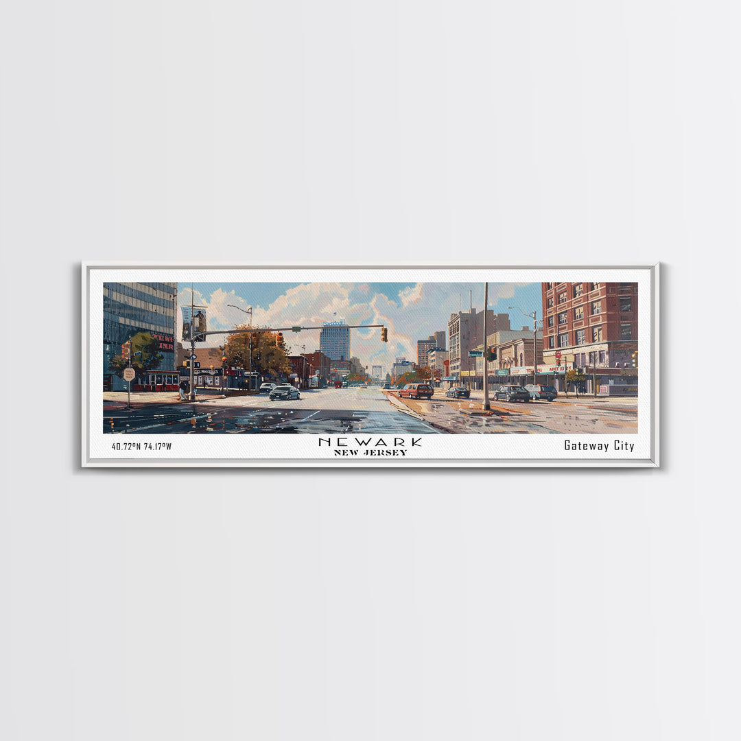 Newark New Jersey Panoramic Framed Canvas Print, Beautiful Watercolor Painting, Office Wall Art, Travel Poster, Home Decor, City Art