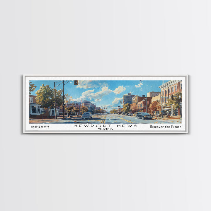 Newport News Virginia Panoramic Wall Art, Framed Canvas Print, Beautiful Cityscape Watercolor Painting, Travel Poster, Modern Home Decor