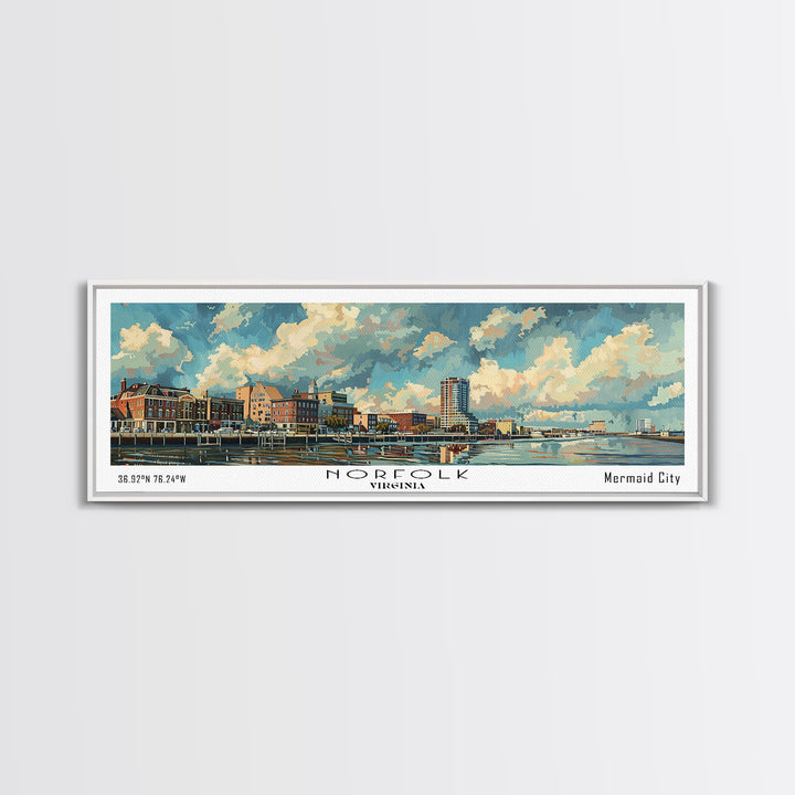 Norfolk Virginia Panoramic Painting, Framed Canvas Print for Office Wall Art, Watercolor Cityscape, Travel Poster, Beautiful Home Decor