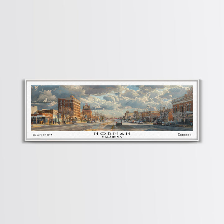 Norman Oklahoma Panoramic Framed Canvas Print, Cityscape Watercolor Painting, Travel Poster for Home Decor, Modern Wall Art, Unique Gift Idea