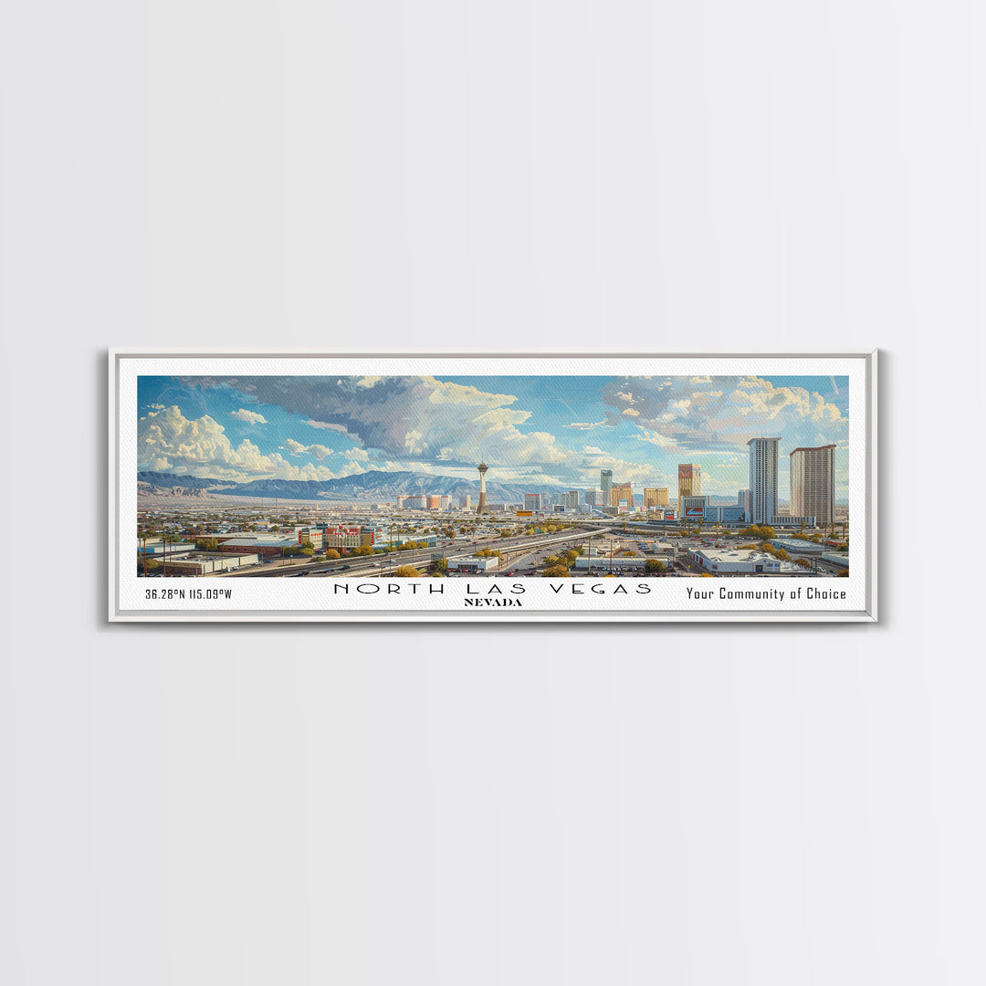 North Las Vegas Nevada Panoramic Framed Canvas Print, Cityscape Watercolor Painting, Travel Poster, Modern Home Decor, Unique Gift Idea