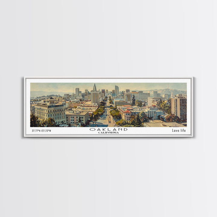 Oakland California Panoramic Wall Art, Framed Canvas Print, Stunning Watercolor Cityscape, Travel Poster, Modern Home Decor, Unique Gift
