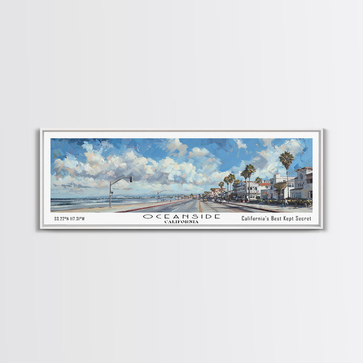 Oceanside California Panoramic Framed Canvas Print, Watercolor Cityscape Art, Travel Poster, Home Decor, Urban Gift Idea, Living Room Art