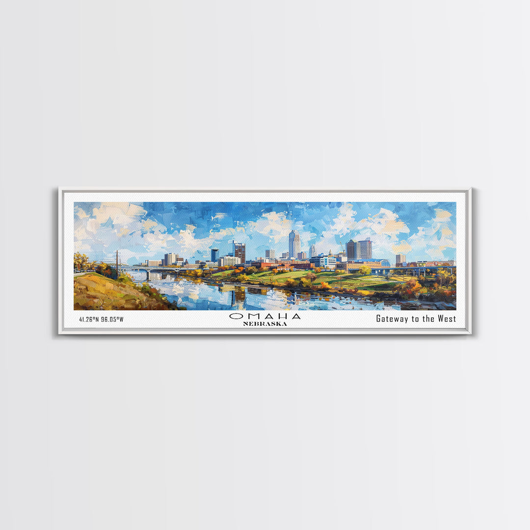 Omaha Nebraska Panoramic Framed Canvas Print, Cityscape Watercolor Painting, Travel Poster, Home Decor, Urban Gift Idea, Office Wall Art