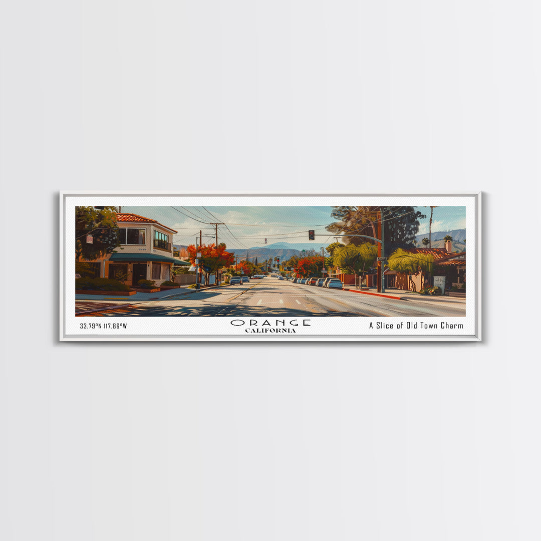 Orange California Panoramic Framed Canvas Print, Cityscape Watercolor Painting, Travel Poster for Home Decor, Urban Art, Unique Gift Idea