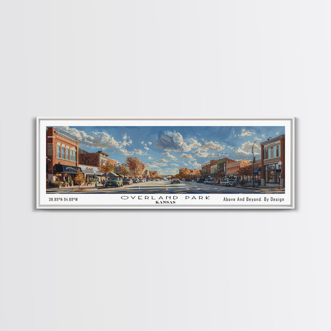 Overland Park Kansas Panoramic Framed Canvas Print, Cityscape Watercolor Painting, Travel Poster, Modern Home Decor, Urban Gift Idea