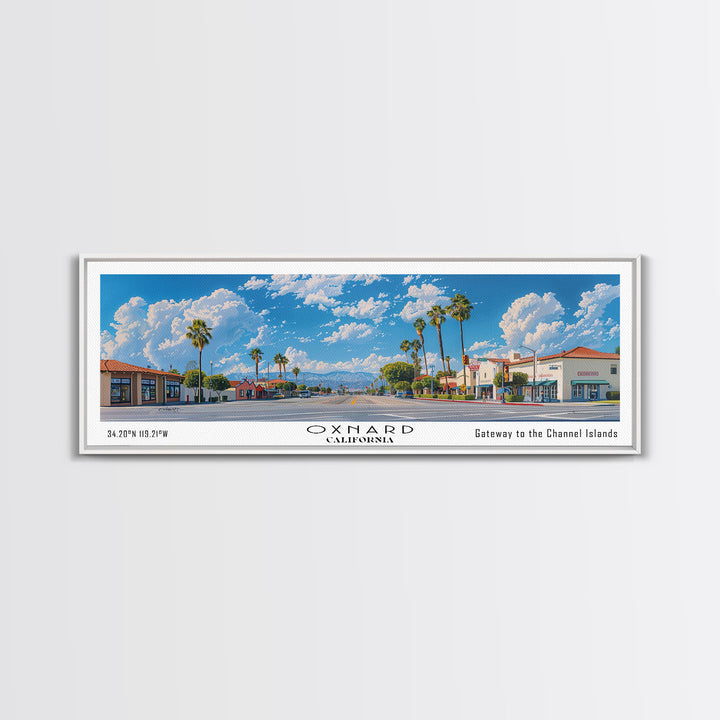 Oxnard California Panoramic Painting, Framed Canvas Print, Stunning Cityscape Watercolor Art, Travel Poster for Home Decor, Unique Gift Idea