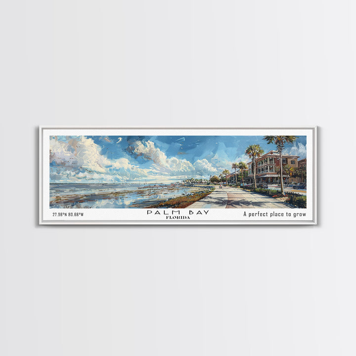 Palm Bay Florida Panoramic Framed Canvas Print, Watercolor Cityscape Art, Travel Poster, Home Decor, Urban Gift Idea, Living Room Art