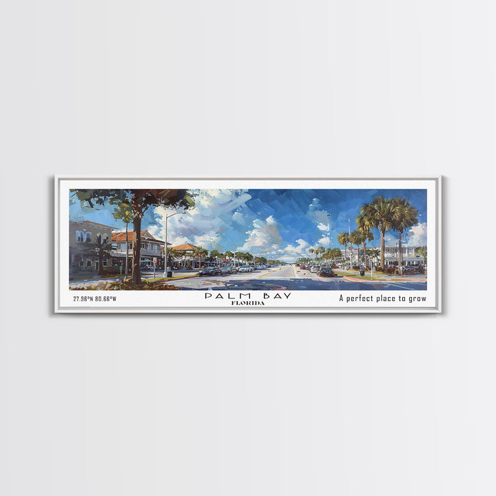 Palm Bay Florida Panoramic Painting, Framed Canvas Print, Beautiful Cityscape Watercolor Art, Travel Poster, Modern Home Decor, Unique Gift