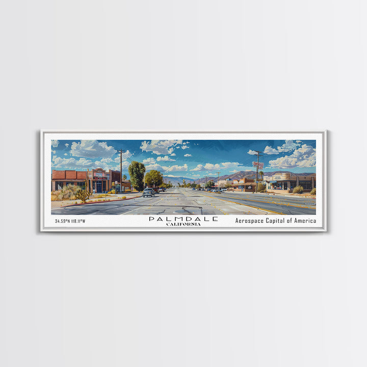 Palmdale California Panoramic Framed Canvas Print, Cityscape Watercolor Painting, Travel Poster for Home Decor, Urban Art, Unique Gift Idea