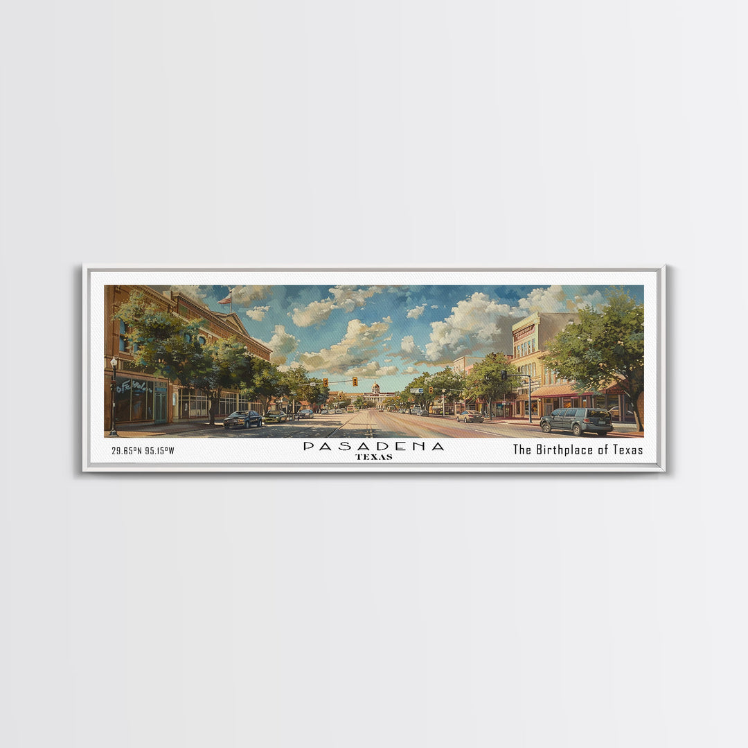 Pasadena Texas Panoramic Painting, Framed Canvas Print, Beautiful Cityscape Watercolor Art, Travel Poster for Home Decor, Unique Gift Idea