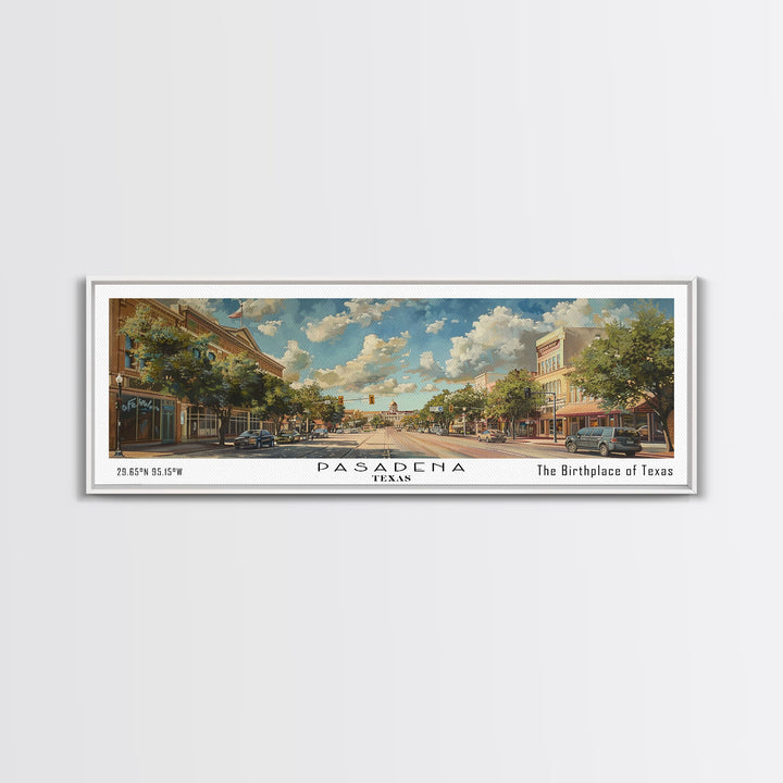 Pasadena Texas Panoramic Painting, Framed Canvas Print, Beautiful Cityscape Watercolor Art, Travel Poster for Home Decor, Unique Gift Idea