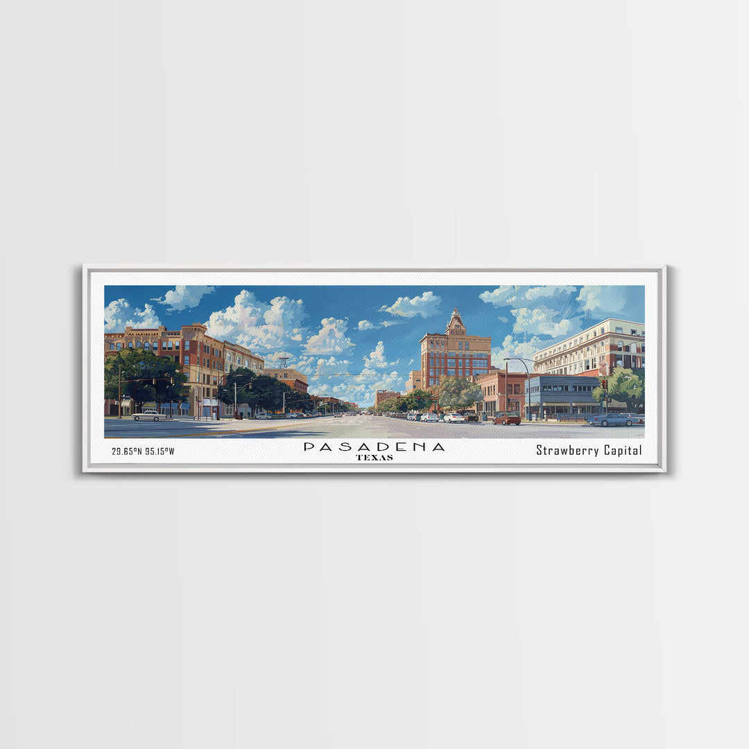 Pasadena Texas Panoramic Framed Canvas Print, Cityscape Watercolor Painting, Travel Poster, Modern Home Decor, Urban Gift Idea