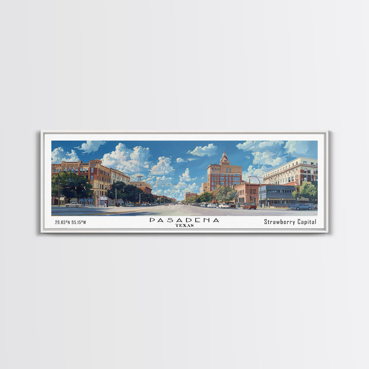 Pasadena Texas Panoramic Framed Canvas Print, Cityscape Watercolor Painting, Travel Poster, Modern Home Decor, Urban Gift Idea