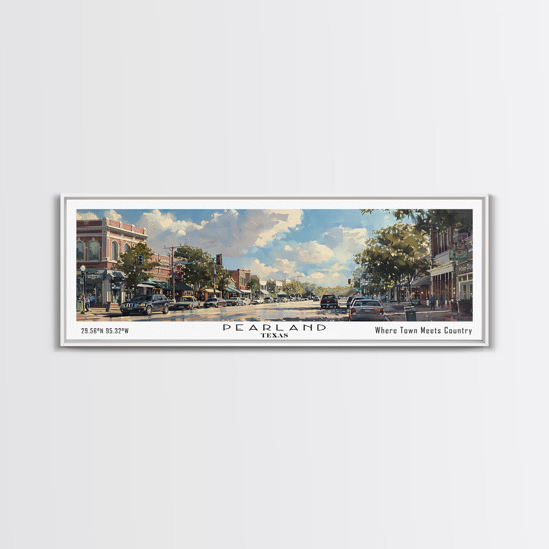 Pearland Texas Panoramic Framed Canvas Print, Cityscape Watercolor Painting, Travel Poster for Home Decor, Urban Art, Unique Gift Idea