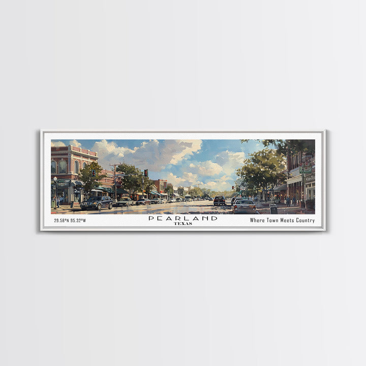 Pearland Texas Panoramic Framed Canvas Print, Cityscape Watercolor Painting, Travel Poster for Home Decor, Urban Art, Unique Gift Idea