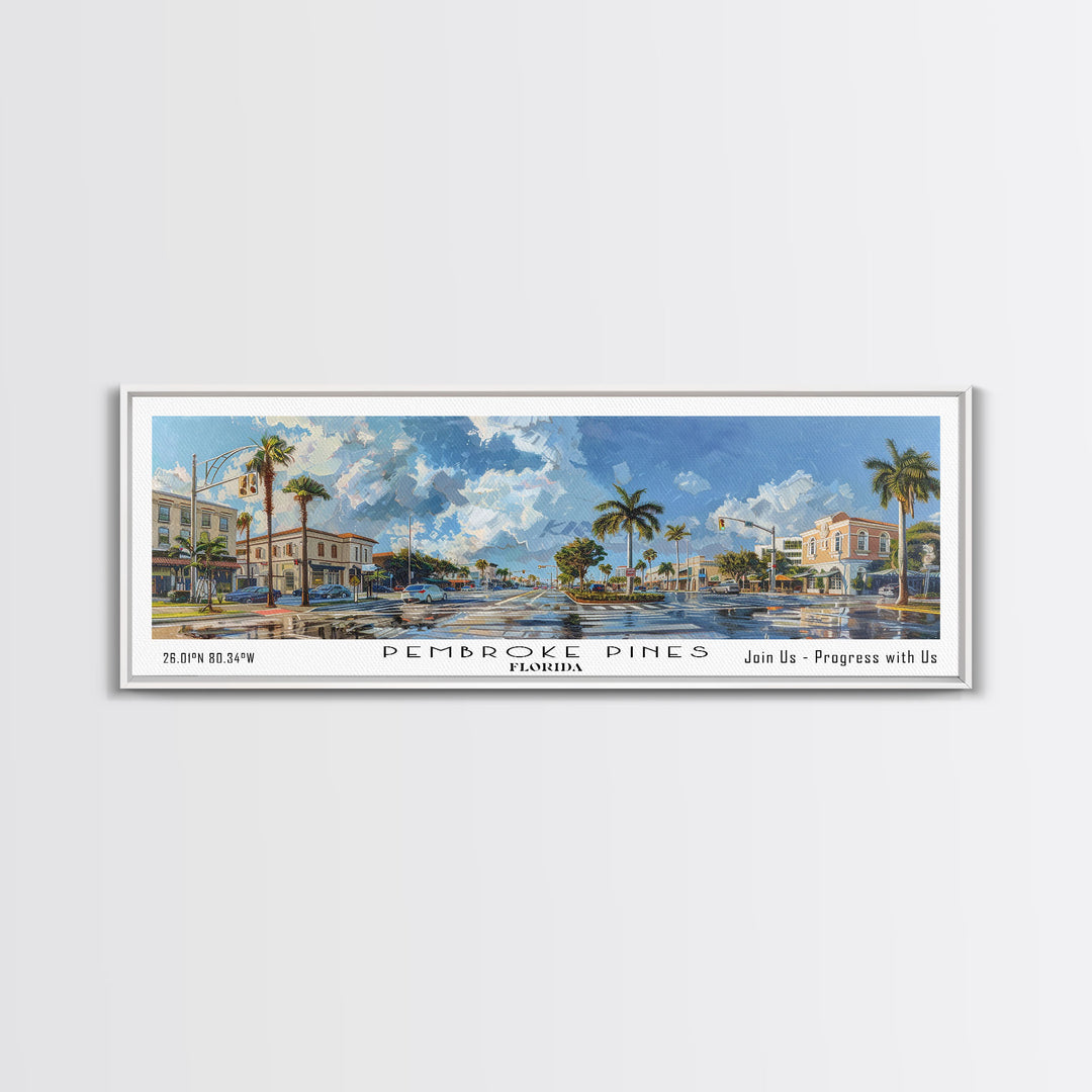 Pembroke Pines Florida Panoramic Painting, Framed Canvas Print, Beautiful Cityscape Watercolor Art, Travel Poster, Modern Home Decor