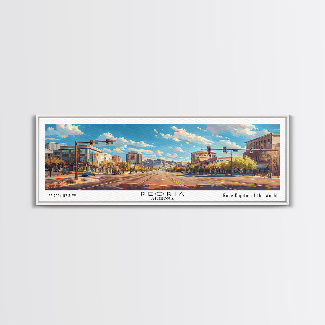 Peoria Arizona Panoramic Framed Canvas Print, Watercolor Cityscape Art, Travel Poster, Home Decor, Urban Gift Idea, Living Room Art