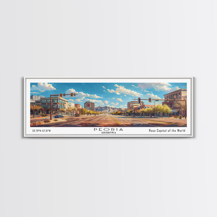 Peoria Arizona Panoramic Framed Canvas Print, Watercolor Cityscape Art, Travel Poster, Home Decor, Urban Gift Idea, Living Room Art