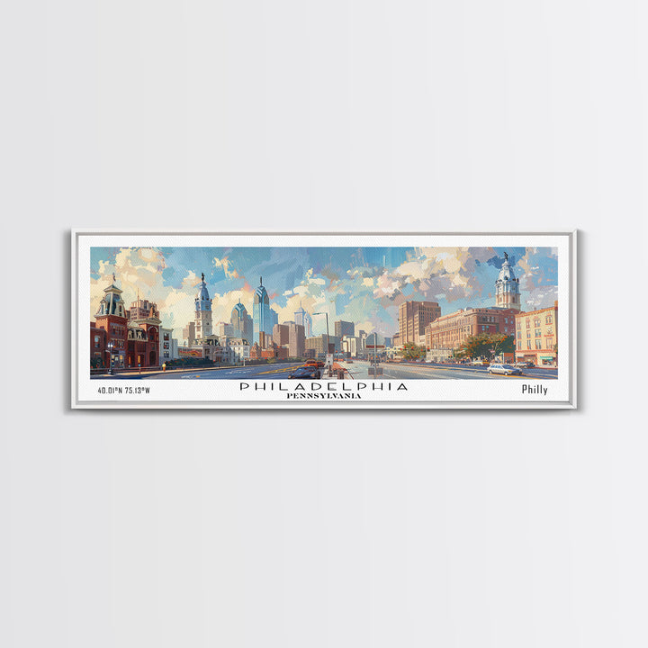 Philadelphia Pennsylvania Panoramic Painting, Framed Canvas Print, Stunning Cityscape Watercolor Art, Travel Poster, Modern Home Decor