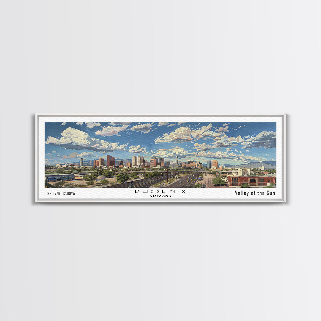 Phoenix Arizona Panoramic Framed Canvas Print, Cityscape Watercolor Painting, Travel Poster for Home Decor, Urban Art, Unique Gift Idea