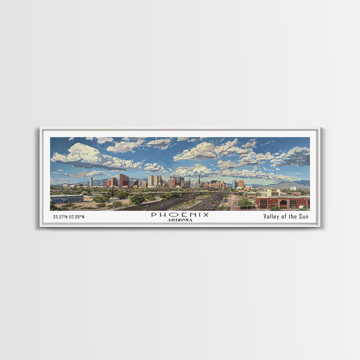 Phoenix Arizona Panoramic Framed Canvas Print, Cityscape Watercolor Painting, Travel Poster for Home Decor, Urban Art, Unique Gift Idea