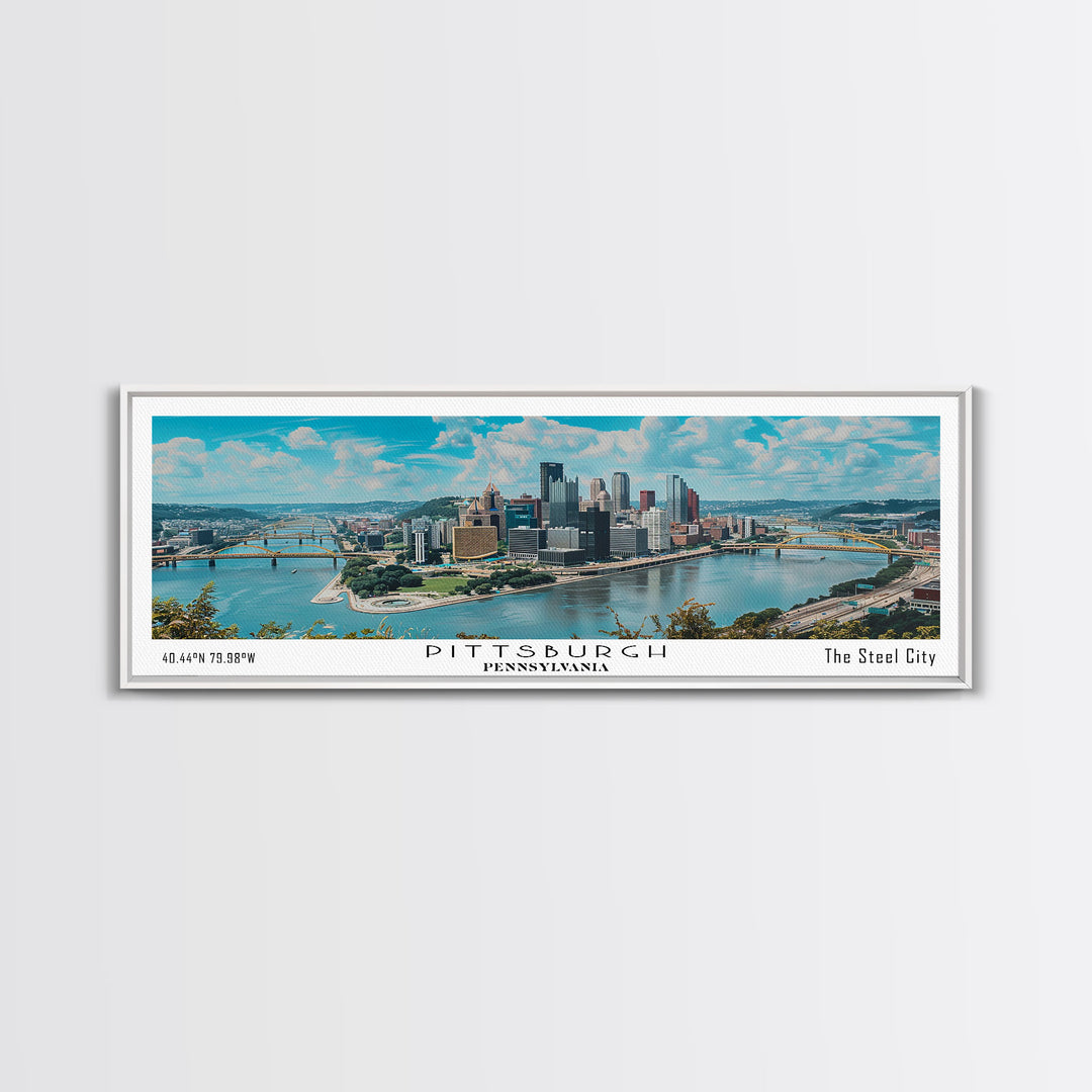 Pittsburgh Pennsylvania Panoramic Painting, Framed Canvas Print, Beautiful Cityscape Watercolor Art, Travel Poster, Modern Home Decor