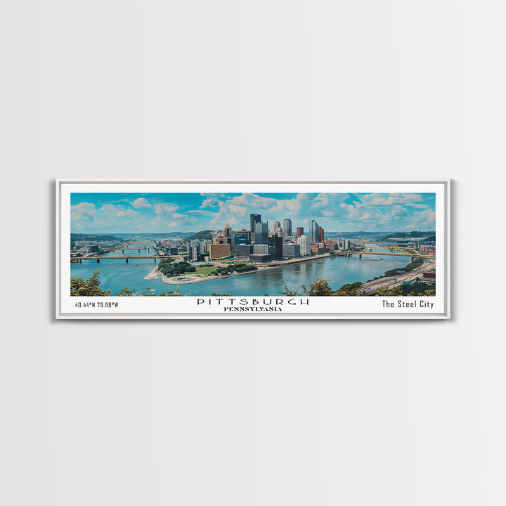 Pittsburgh Pennsylvania Panoramic Painting, Framed Canvas Print, Beautiful Cityscape Watercolor Art, Travel Poster, Modern Home Decor