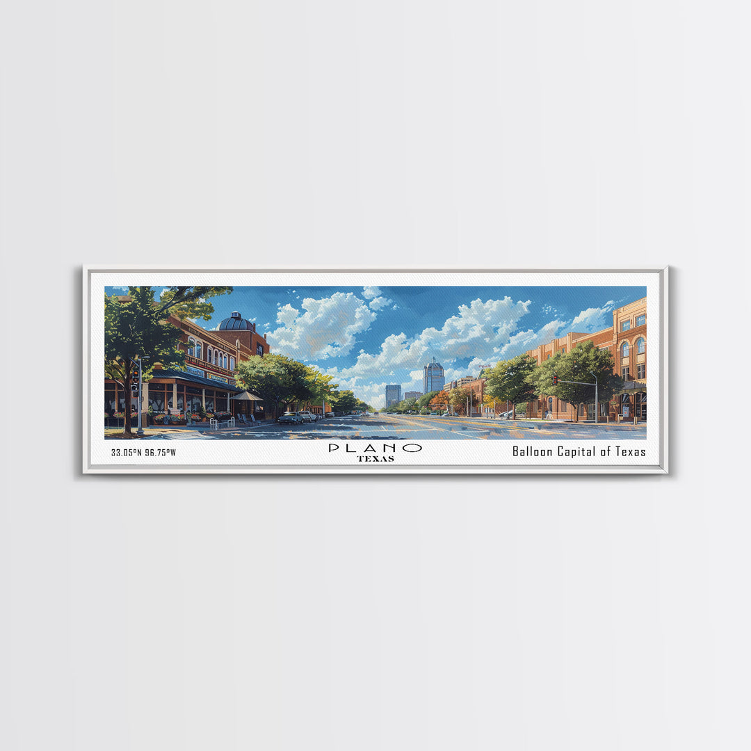 Plano Texas Panoramic Framed Canvas Print, Cityscape Watercolor Painting, Travel Poster for Home Decor, Urban Art, Unique Gift Idea