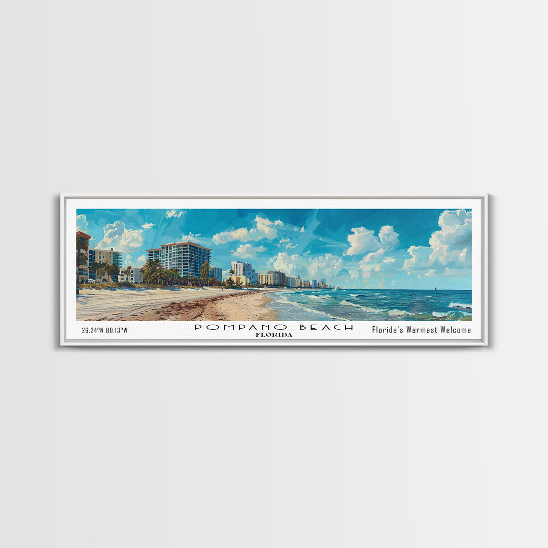 Pompano Beach Florida Panoramic Framed Canvas Print, Watercolor Cityscape Art, Travel Poster, Home Decor, Urban Gift Idea, Living Room Art